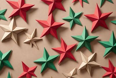 The primary subject of the image is a collection of paper stars, which are displayed in various colors and patterns. The setting is a brown surface, possibly a table or a wall, where the stars are arranged. The visual style of the image is a combination of photo and digital art, as the paper stars are carefully crafted and placed on the surface. The colors and mood of the image are vibrant and lively, with the different colored stars creating a visually appealing and cheerful atmosphere.